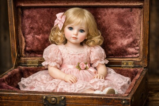 Vintage porcelain doll in pink lace dress sitting inside antique wooden chest with velvet lining
