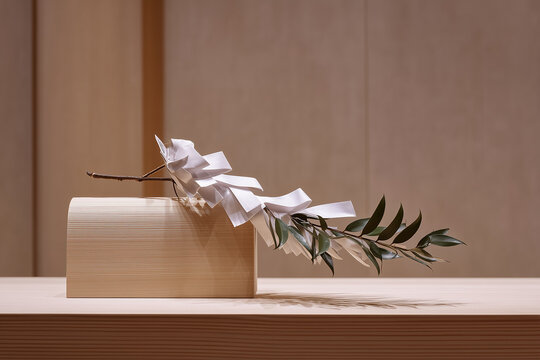 Sakaki Branch with Shide Paper on Wooden Altar