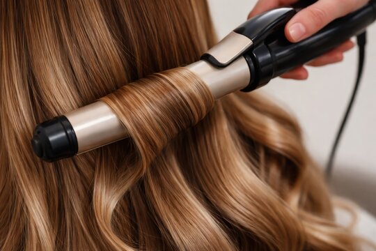 Professional hair curling process creating soft waves with shiny healthy strands and salon styling result