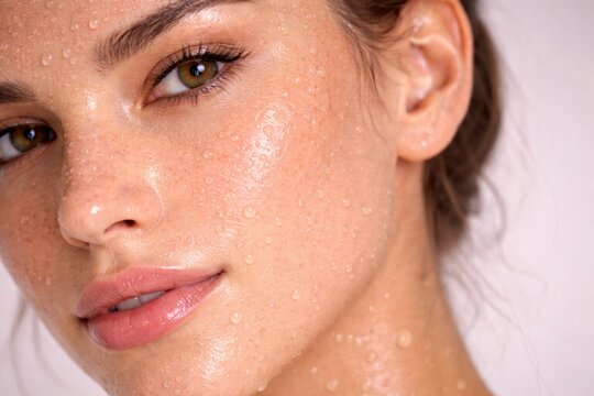 Close up portrait of fresh hydrated female skin with water droplets for beauty skincare concept