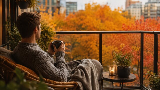 Cozy man drinking hot coffee on balcony overlooking colorful autumn trees in modern city landscape