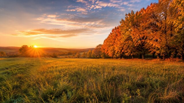 Golden autumn landscape with colorful trees at sunrise over peaceful meadow under dramatic cloudy sky
