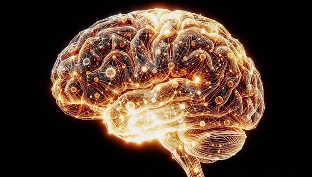 Glowing orange brain with active neural pathways indicating intelligence
