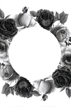 Vintage engraved rose wreath with elegant botanical sketch frame and circular copy space background