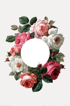 Vintage rose wreath with elegant botanical flowers and circular copy space on clean background