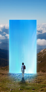 Hiker approaching glowing blue portal in mountain valley. Concept of discovery and new beginnings for travel campaigns, outdoor advertising and inspirational branding.
