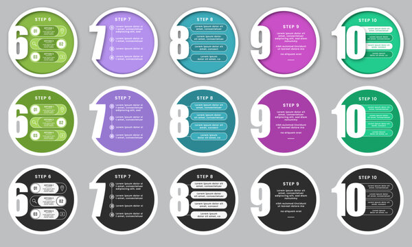 Modern infographic template set of steps 6 to 10 in colorful circular layouts. Ideal for business presentations, workflow, timeline, process, roadmap, marketing and data visualization.