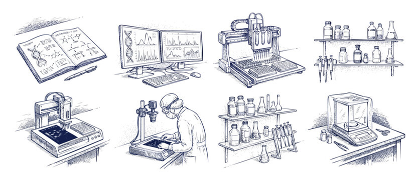 Science lab research sketch illustrations of biotechnology equipment, DNA analysis, pipettes, and chemistry glassware on white background for educational biology and clinical medical concepts.