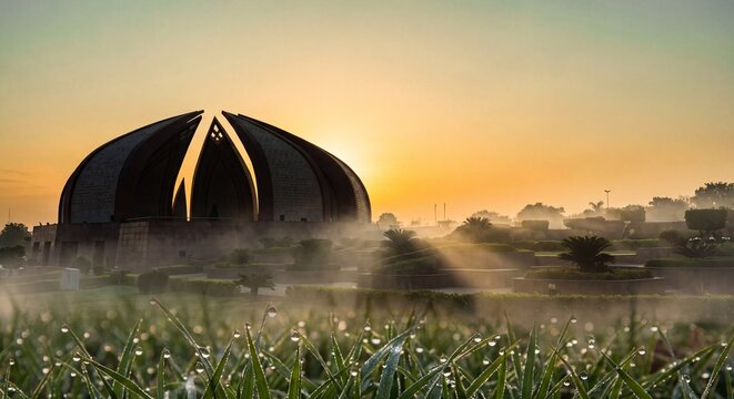 Faisal Mosque Islamabad sunrise photo with misty atmosphere, iconic architecture and serene landscape in warm golden light
