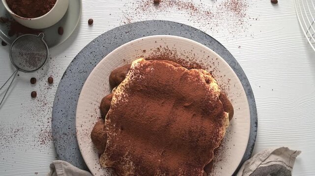 Overhead flat lay of an Italian tiramisu dessert on a plate, featuring soft studio lighting and a textured surface dusted with cocoa powder and scattered coffee bean