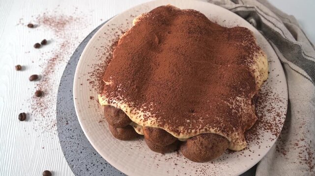 Overhead flat lay of an Italian tiramisu dessert on a plate, featuring soft studio lighting and a textured surface dusted with cocoa powder and scattered coffee bean