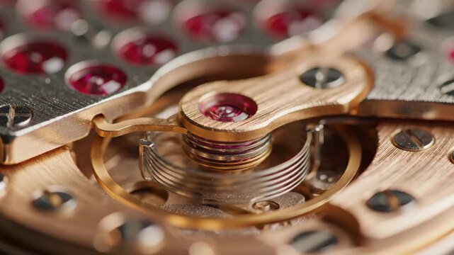 Macro Shot of Gold Watch Movement Shock Protection Spring and Ruby Jewel Bearing in Mechanical Timepiece