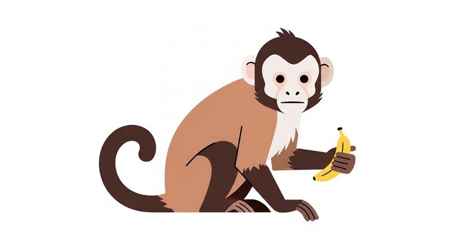 Flat Style Monkey Character Holding a Banana Fruit Isolated on White Background for Creative Graphic Use