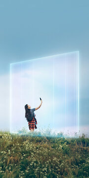 Traveler raising arms before luminous portal in wildflower meadow. Concept of achievement and freedom for wellness campaigns, lifestyle advertising and motivational branding.