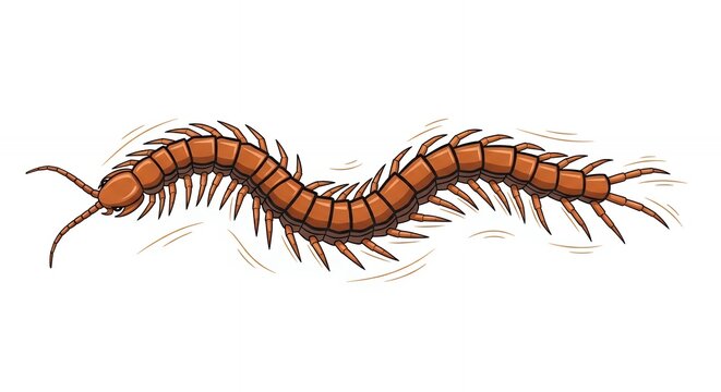 Cartoon Brown Centipede Illustration with Many Legs Crawling on Plain White Background for Graphic Design