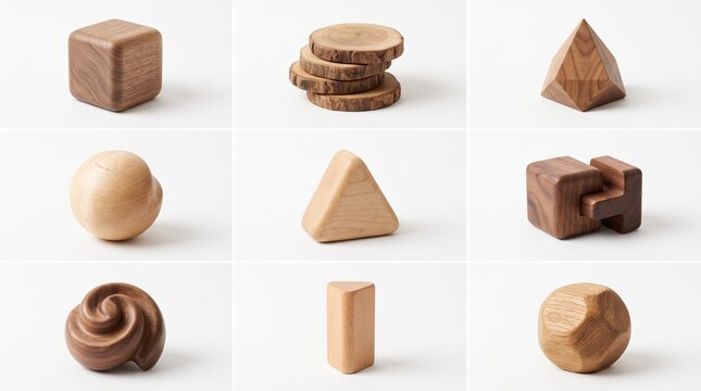 A grid collection of various smooth, carved wooden geometric elements and organic shapes isolated on a clean white background.