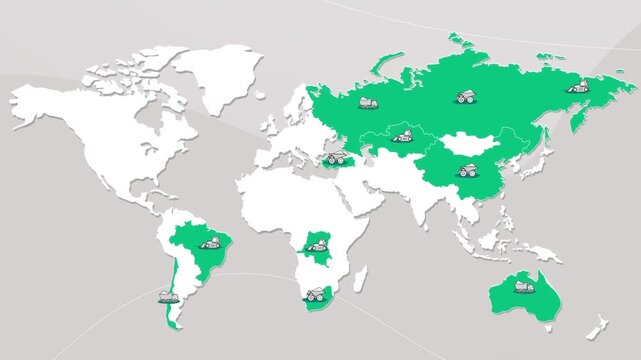 Global Mining Operations World Map Animation with Heavy Equipment and Resource Industry Locations