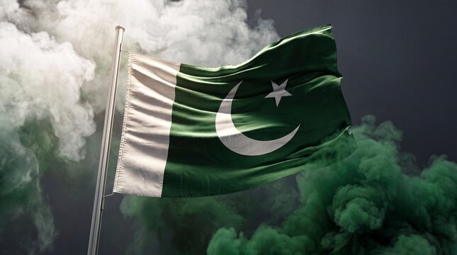 Cinematic waving Pakistan national flag on a pole surrounded by green and white smoke clouds