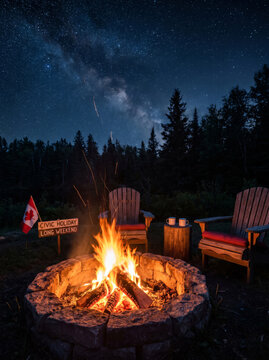 Civic Holiday Campfire Night, Cozy bonfire beneath starry sky at peaceful forest campsite celebrating relaxing Civic Holiday weekend adventure