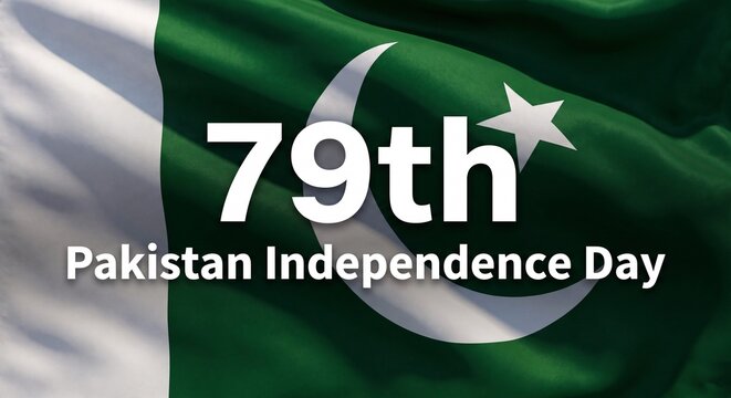 79th Pakistan Independence Day bold typography over a close up of a waving Pakistani flag background