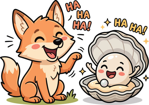 Fox and Pearl in Shell Laughing Cartoon Vector Clipart