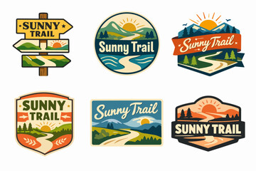 Naklejka premium Various sunny trail logo designs and emblems illustrating natural landscapes, roads, sun, mountains, and trees for trekking