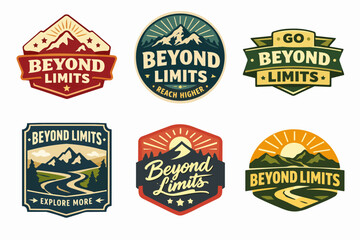Naklejka premium Beyond limits logo collection with mountain, road, sun and star elements, representing travel, adventure, and outdoor exploration