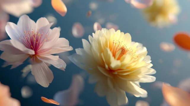 Delicate spring flowers floating in soft light with dreamy floral background and elegant natural beauty