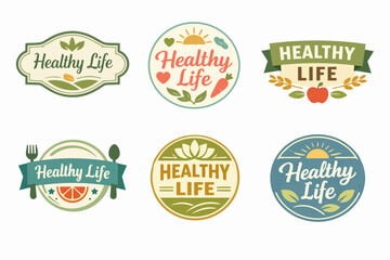 Obraz premium Healthy life logo badges collection featuring natural food, organic produce, and wellness symbols for a balanced diet