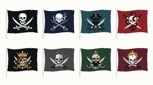 Minimalist flat design pirate flag icons collection for gaming UI