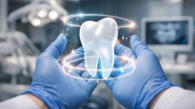 Modern dental implant concept with glowing healthy tooth held by dentist in advanced clinic setting