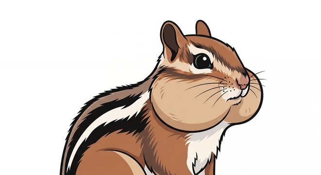 Adorable chipmunk illustration with chubby full cheeks, brown striped forest rodent mascot on white background.