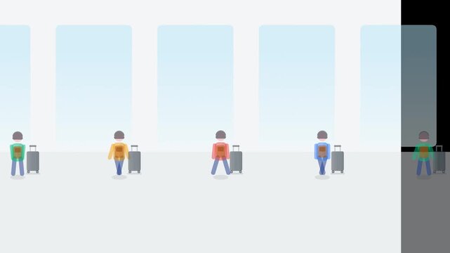 Flat design abstract animation sequence featuring traveling people with luggage, falling mail envelopes, digital data grids, moving dots, and minimalist graphic shapes