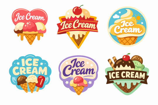 Ice cream logo collection presenting different styles of sweet frozen dessert labels, emblems, and badges for summer snacks