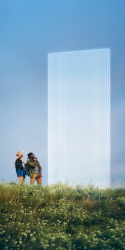Group of hikers beside translucent portal in alpine meadow. Concept of teamwork and shared discovery for group travel promotion, outdoor campaigns and adventure advertising.