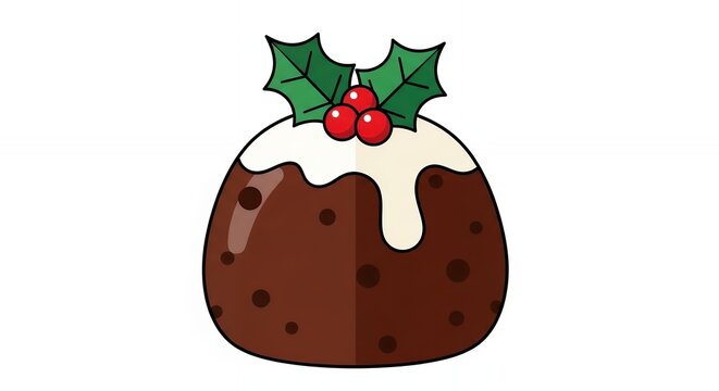 Traditional Christmas Pudding with White Icing and Holly Berries Illustration Isolated on White for Holiday Decoration