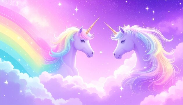 A whimsical fantasy illustration featuring two elegant unicorns soaring through a dreamy pastel sky filled with magical light and soft clouds. Perfect for children's books, fantasy themes.