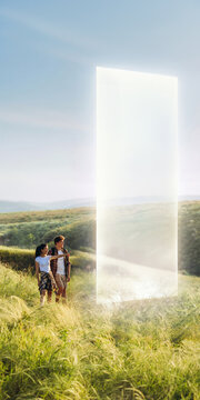 Two hikers walking toward bright portal in sunlit valley. Concept of shared journey and life transition for travel promotion, relationship campaigns and inspirational advertising.