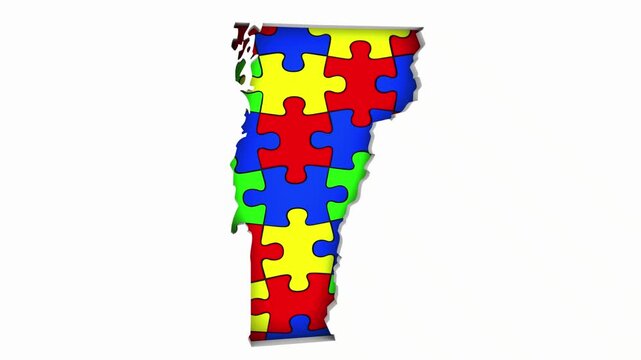 Vermont VT State Map Autism Puzzle Pieces Awareness Autistic Symbol Spectrum 3d Animation