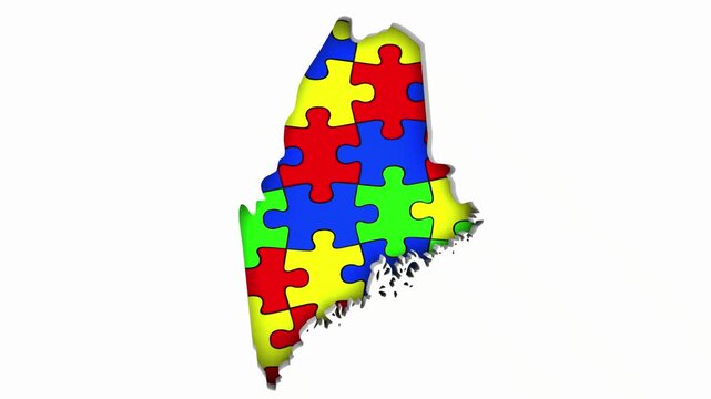 Maine ME State Map Autism Puzzle Pieces Awareness Autistic Symbol Spectrum 3d Animation