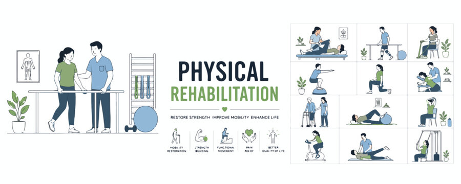 Physical rehabilitation vector set, physiotherapy clinic scenes with patients and therapists, medical recovery and exercise illustrations for healthcare