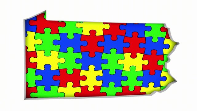 Pennsylvania PA State Map Autism Puzzle Pieces Awareness Autistic Symbol Spectrum 3d Animation