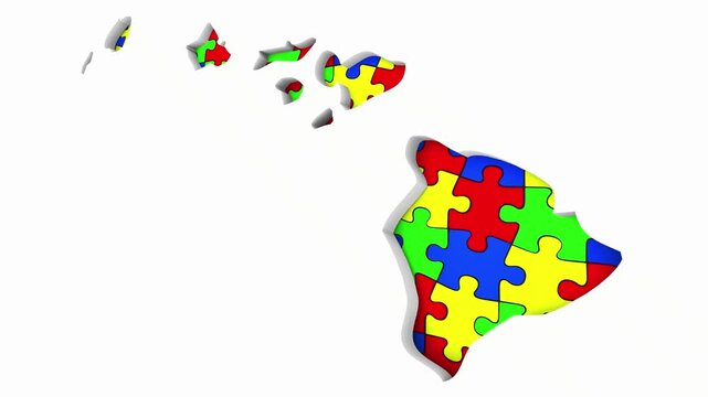 Hawaii HI State Map Autism Puzzle Pieces Awareness Autistic Symbol Spectrum 3d Animation