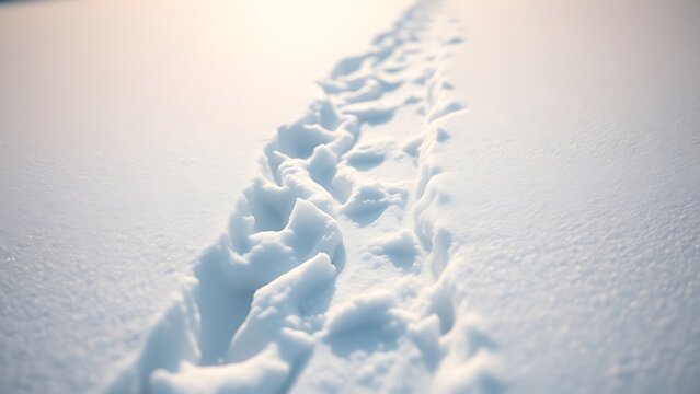 Snowshoe tracks through fresh powder snow in a minimalist winter landscape.