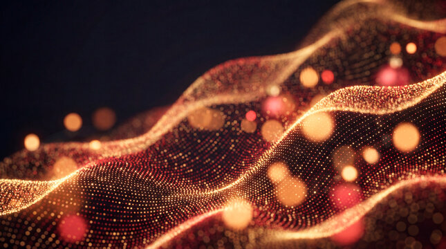 Abstract red particle dot wave with glowing baubles and festive Christmas holiday light