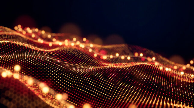 Abstract red particle dot wave with glowing baubles and festive Christmas holiday light