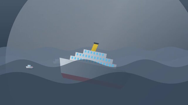 2D animation of a sinking passenger ship in the dark ocean with floating debris followed by a rescue boat and a bright hopeful light shining on the calm waves