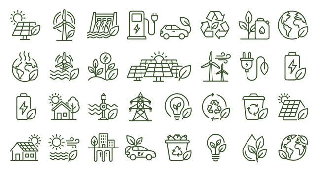 Icon Set of Green Energy Symbols in Minimalist Style  
