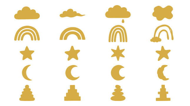 Set of golden clouds, stars, moons, and rainbows in flat design  