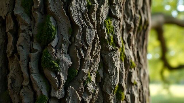 Close-up of an ancient oak tree trunk with textured bark and moss in morning light.